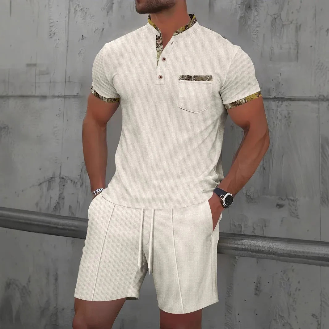 2025 Men Europe and the United States new summer Waffle solid color zip-up lapel short-sleeve suit shorts two sets