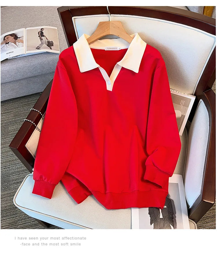 170kg plus size Damen büste Herbst lose Revers Langarm Sweatshirt schwarz rot 6xl 7xl 8xl 9xl 10xl 11xl.