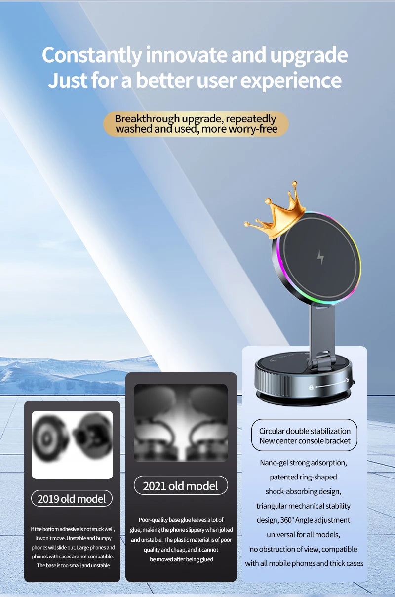 2025 New K3 Wireless Charger Car Phone Holder Colorful Light Vacuum Suction Cup Charging Can 360° Rotate Foldable Phone Holder.