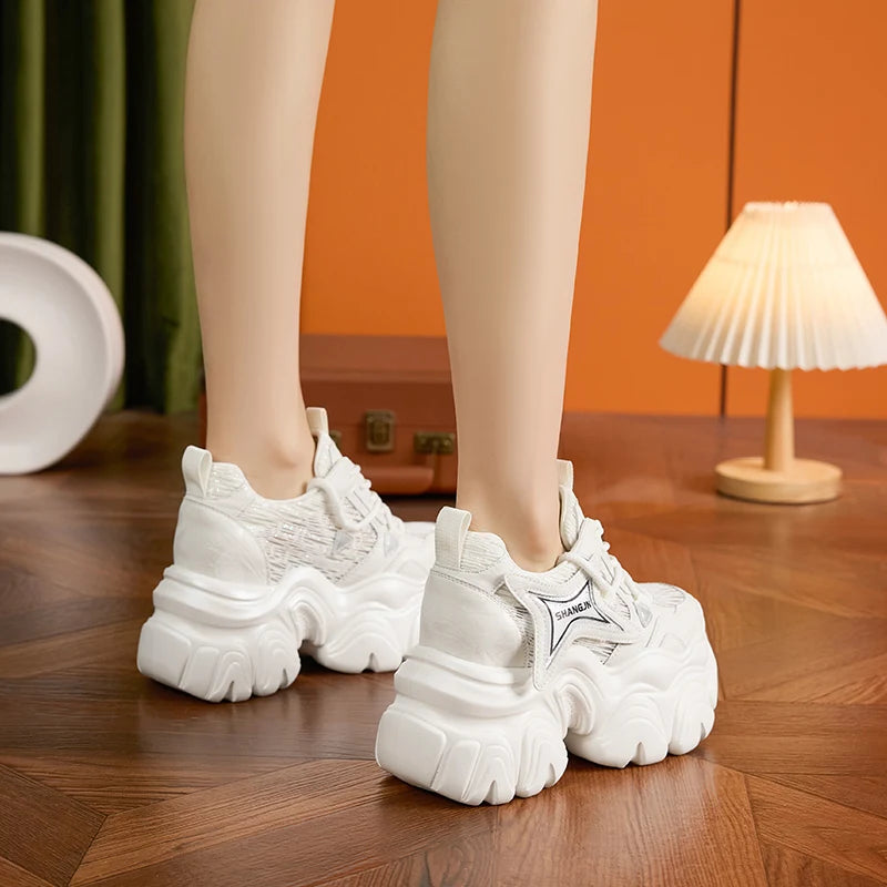 AUTUSPIN 10cm Pink Thick Soled Shoes for Summer Women Breathable Lace-up Ladies Sneakers Outdoor Casual Fashion Platform Shoes.