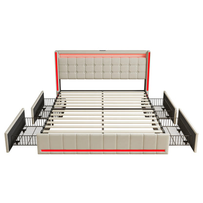 Lazyspace Leinen-Polsterbett mit 4 Schubladen, moderner Doppelbettrahmen mit LED-Beleuchtung und USB-Ladeanschluss, funktionelles Bett