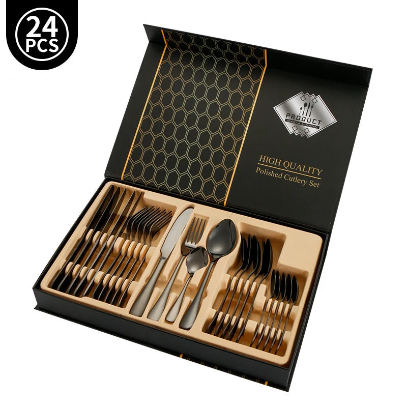 24pcs Golden Tableware Set Light Luxury Stainless Steel Cutlery Fork Knife Spoon Dinnerware Set Minimalist Decor with Gift Box