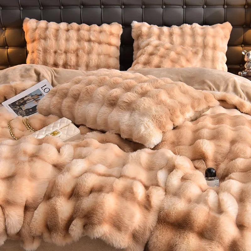 2024 new light luxury rabbit velvet four-piece set thickened warm milk velvet rabbit hair tie-dye bed sheet quilt cover