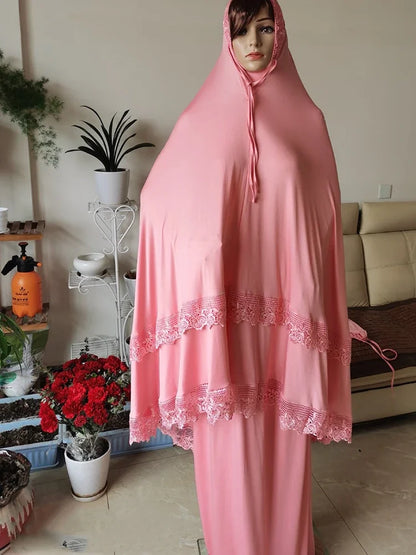 Ramadan  Long Khimar Muslim Abaya Women Prayer Garment Saudi Prayer Dress Lace Trim Silky 2 Piece Skirt Sets Eid Niqab jilbab