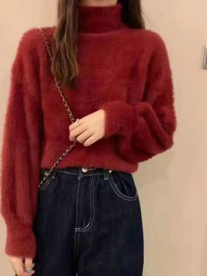 2025 frauen Gestrickte Tops Winter Imitieren Nerz Wolle Heißer Fleece Weibliche Rollkragen Elastische Beiläufige Pullover Weiche Warme Pullover.