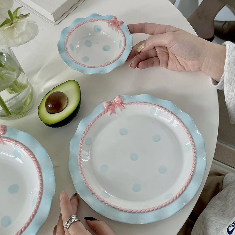 Cartoon Pink Ceramic Dinner Plate with Bow Knot, Household Dish, High Temperature Resistant, Deep Dish, Kitchen Tableware Set.
