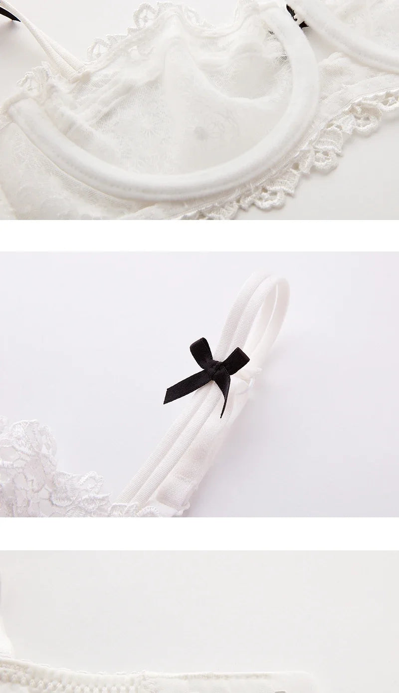 Plus Size Sexy Half Cup Lace Bra Sheer Mesh Unlined Bralette for Women A D Cup, Invisible Push Up Underwire Lingerie Set.