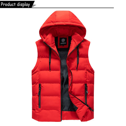 Men Autumn Sleeveless Outdoors Casual Solid Warm Vest Men Winter Detachable Hooded Fleece Pocket Zipper Fashion Vest Male Coat.