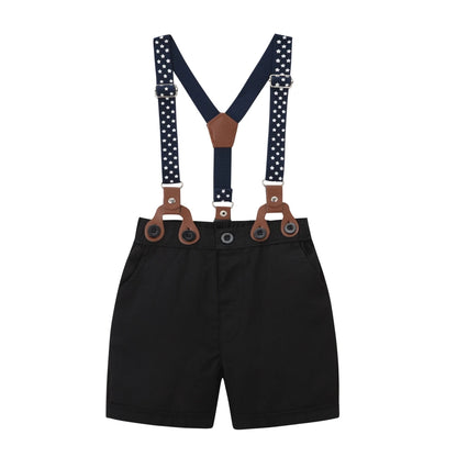 Black & White Classic Baby Boy Clothes Strap Set for Infant 1st Birthday Party Summer Short Sleeve Romper with Solid Shorts Suit.
