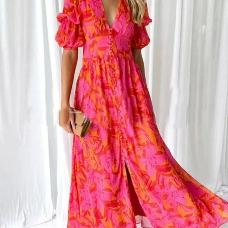 Frühling Sommer Frau Bohemian Kleid Büro Dame Mode Lässig Lose Druck V-ausschnitt Kurzarm Kleider Für Frauen 2025.