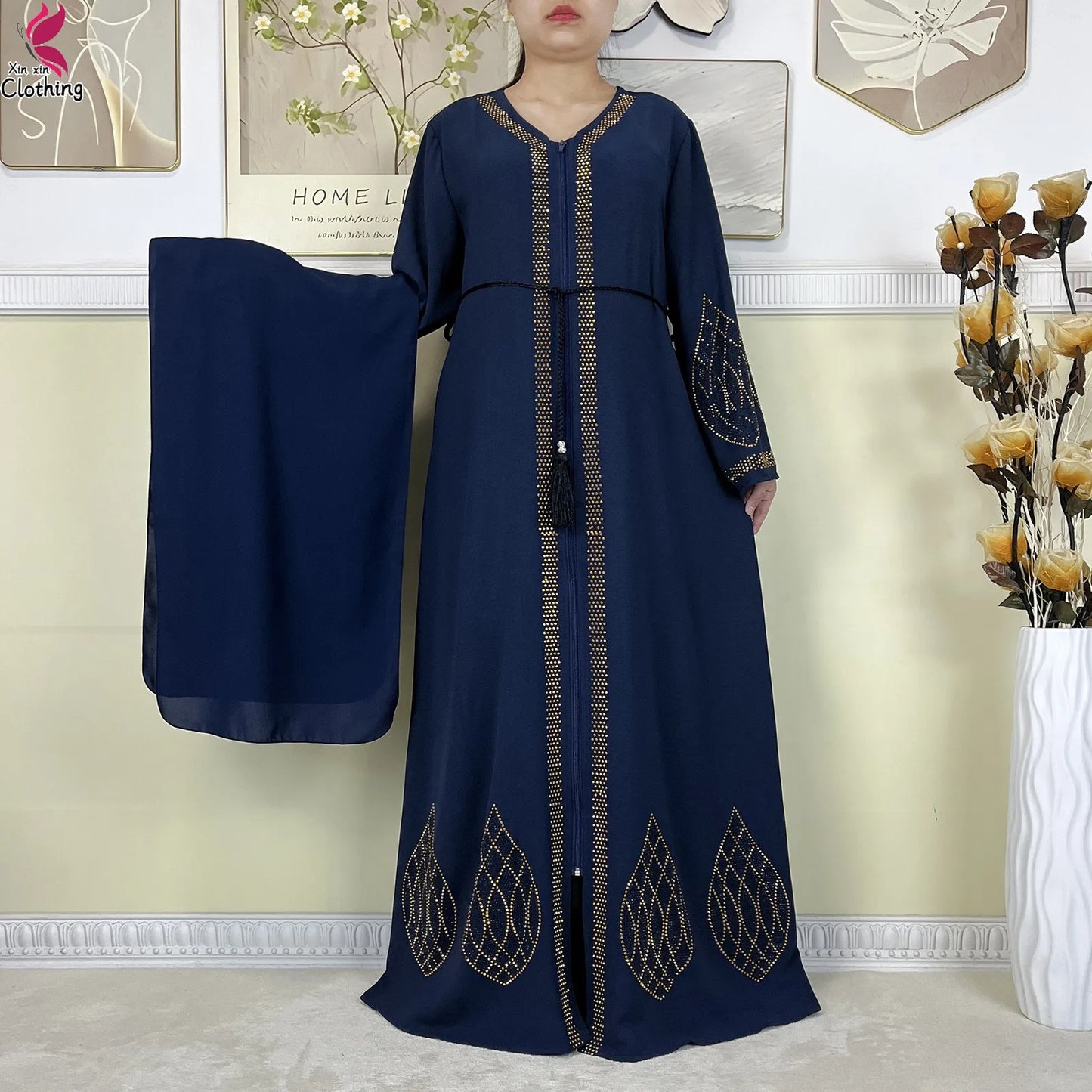 New Dubai Women Elegant Dress Diamonds Chiffon Open Abaya with Zipper Islamic Turkey Clothing Women Muslim Party Evening Dress