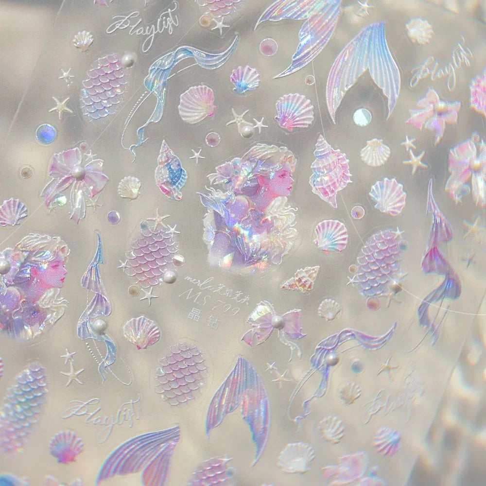 Ocean Theme 5D Nail Sticker Summer Beach Seashells Starfish Conch Scallop Shell Coral Self Adhesive Decoration Manicure Decal