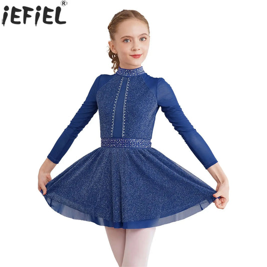 Kinder Mädchen Eiskunstlauf Kostüm Ballett lyrische Tanz gymnastik Trikot Kleid Langarm glänzend Mesh Performance Dance wear.