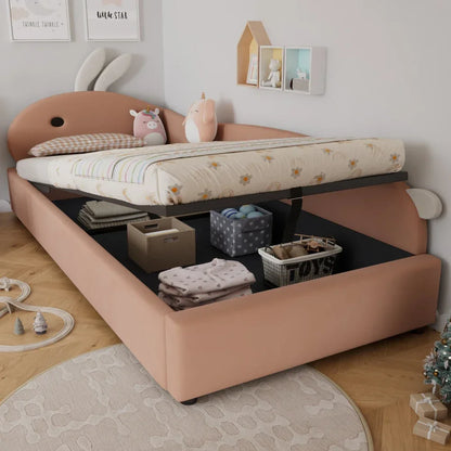 Polsterbett, Einzelbett, Babybett, niedlicher Hasenkopf, hydraulisches Bett mit Stauraum, erhöhter weicher Zaun, Samt, rosa + weiß, 90 x 200 cm