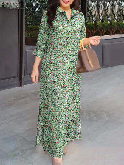 ZANZEA Herbst Sommer Floral Bedruckte Kleider Frauen Maxi Sommerkleid Bohemian Casual 3/4 Hülse Urlaub Vestidos Kaftan Robe Femme.