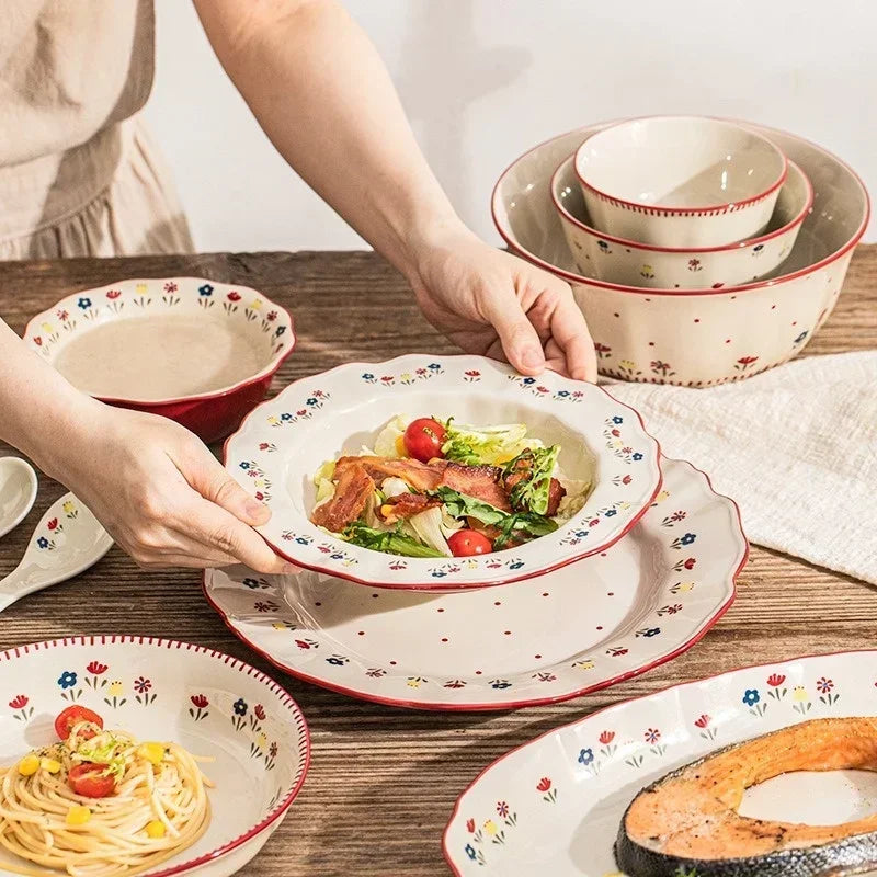 SOLECASA Ceramic Tableware Pastoral Style Rice Soup Bowl Fruit Salad Bowl Dish Pasta Dessert Plate Dinnerware Table Decoration.