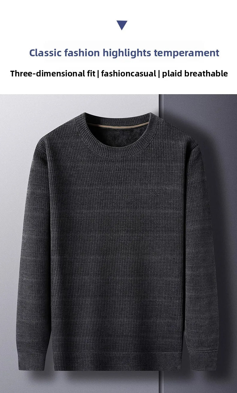 Fleece-Lined Knitted Pullover Sweater Casual Jumper for Men Insulated Warm Long Sleeve Thick Material Round Neck Design.
