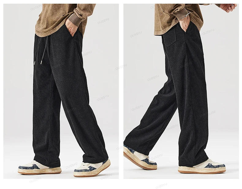 OUSSYU Brand Autumn Winter Men's Stripe Corduroy Pants Elastic Waist Drawstring Straight Thick Outdoors Loose Casual Trousers.