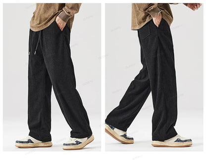 OUSSYU Brand Autumn Winter Men's Stripe Corduroy Pants Elastic Waist Drawstring Straight Thick Outdoors Loose Casual Trousers.