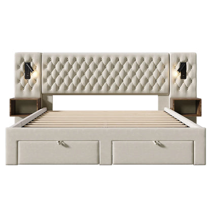 KOMHTOM Polsterbett mit 2 Nachttischen und 4 Schubladen, Kopfteil Leselicht mit USB-Ladefunktion, Samt (Ohne Matratze)