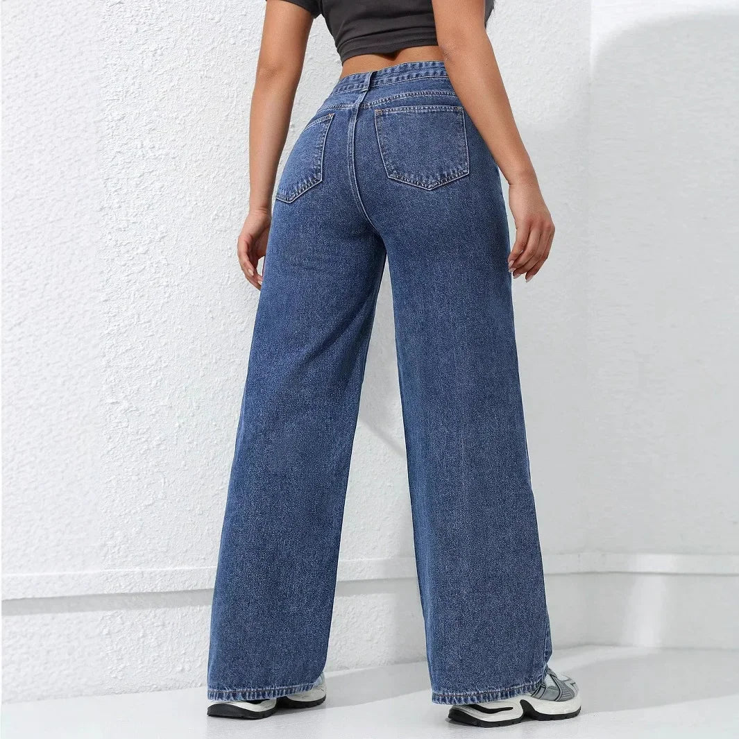 American Style High Waist Wide Leg Jeans Women's Spring New Loose Slim Straight Floor-Length Denim Pants.