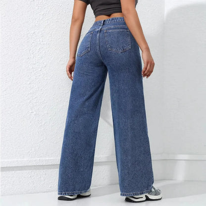 American Style High Waist Wide Leg Jeans Women's Spring New Loose Slim Straight Floor-Length Denim Pants.