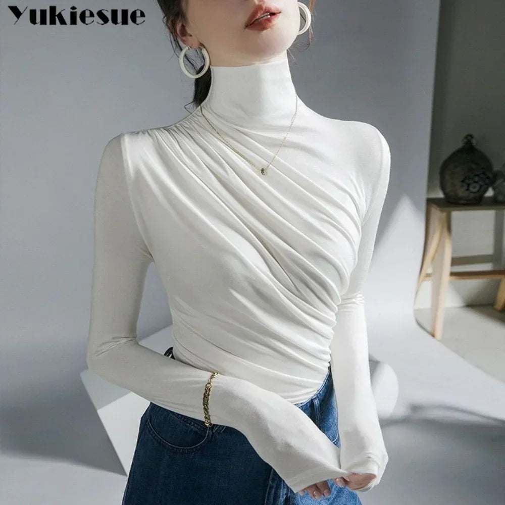Pleated Stretch T-shirt New Spring Autumn Turtleneck Bottoming Pullover Women's Casual Elegant Basic Top Shirts Harajuku Gothic.