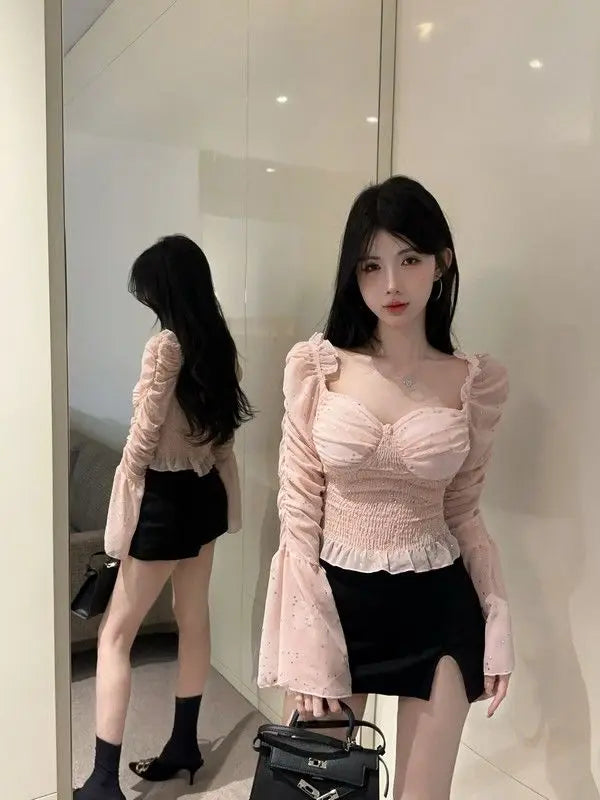 New Women's One Shoulder Flared Sleeve Top Pink Sweet and Spicy Top Niche and Unique Shirt.