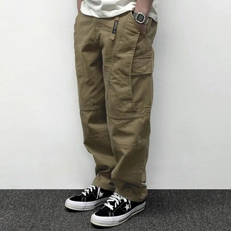 Autumn Men's Pants Multi-Pocket Cargo Pants Retro Solid Color Simple Loose Button Elastic Strap Casual Pants.
