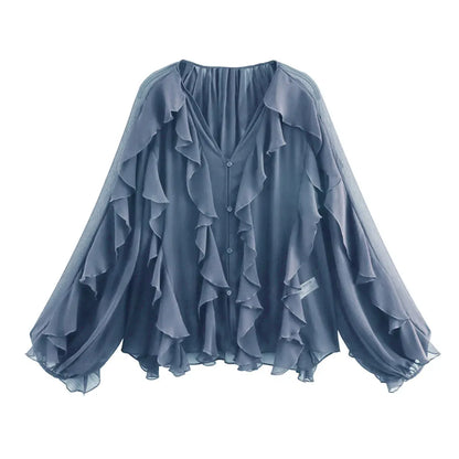 Women Fashion With Ruffles Semi-sheer Blouses V Neck Long Sleeve Button-up Female Shirts Chic Tops