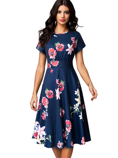 Nice-forever Vintage Elegante Blumen Druck Plissee Rundhals vestidos A-Line Pinup Business Party Frauen Flare Swing Kleid A102