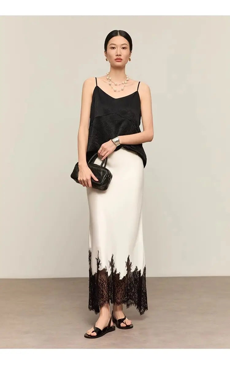 Mia Girl Elegant Satin Long Skirts for Women Oversize Lace Patchwork High Waist A-line Skirt French Style Summer Chic Lady Skirt.