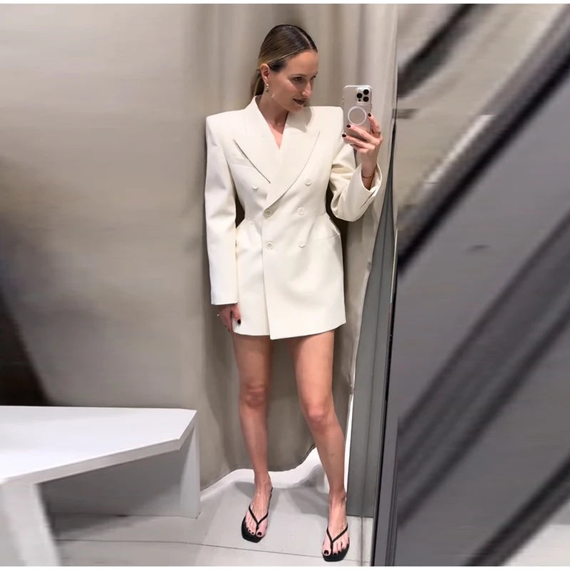 Elegante Zweireiher Blazer Mantel Frauen Schlank Revers Schulter Pads Langarm Jacke 2025, Herbst Büro Dame Pendeln Outer.