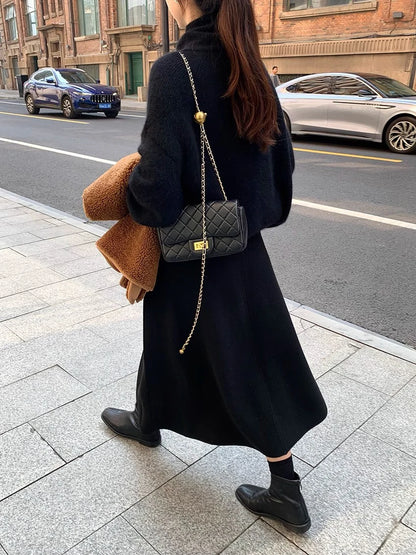 Thick Hepburn Style Woolen Pleated Skirt High Waist Slimming Casual Half Skirt Women Autumn Winter Unique Long Skirt