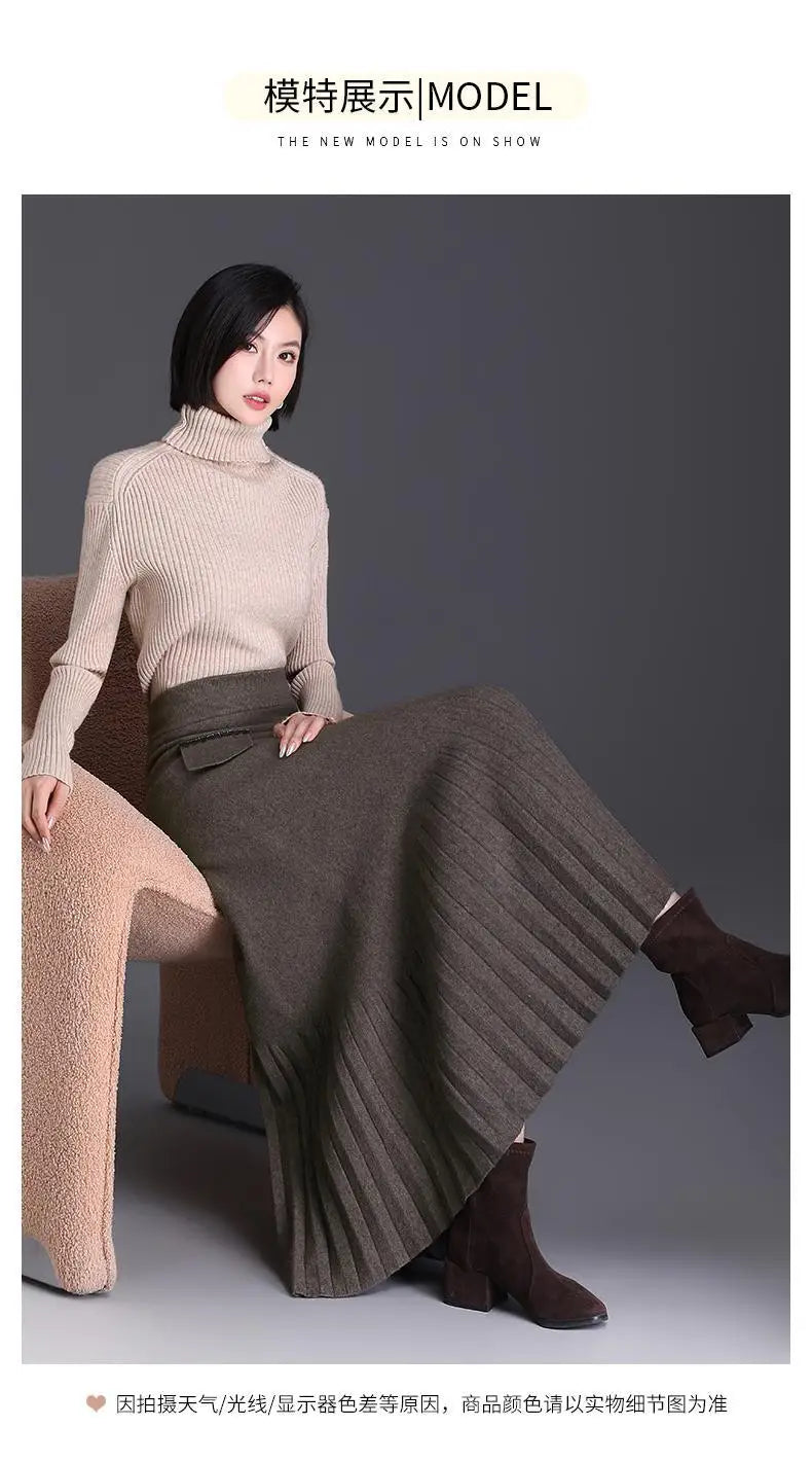 Temperament Autumn Winter New Skirts Women Solid High Waist Pleated Fashion Office Lady A-line Mid-length Knitting Pleated Skirt.