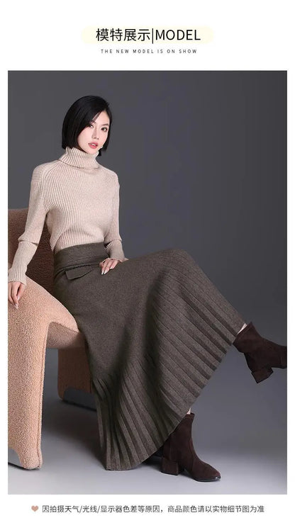 Temperament Autumn Winter New Skirts Women Solid High Waist Pleated Fashion Office Lady A-line Mid-length Knitting Pleated Skirt.