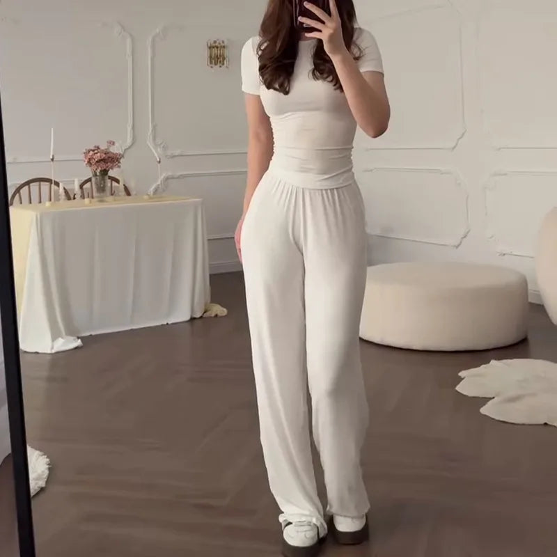Solid Color Top Women Set Slim Fit Long Sleeved O-neck Top Pleated Straight Pocket Pants 2025 Spring/summer Vacation Women's Set.