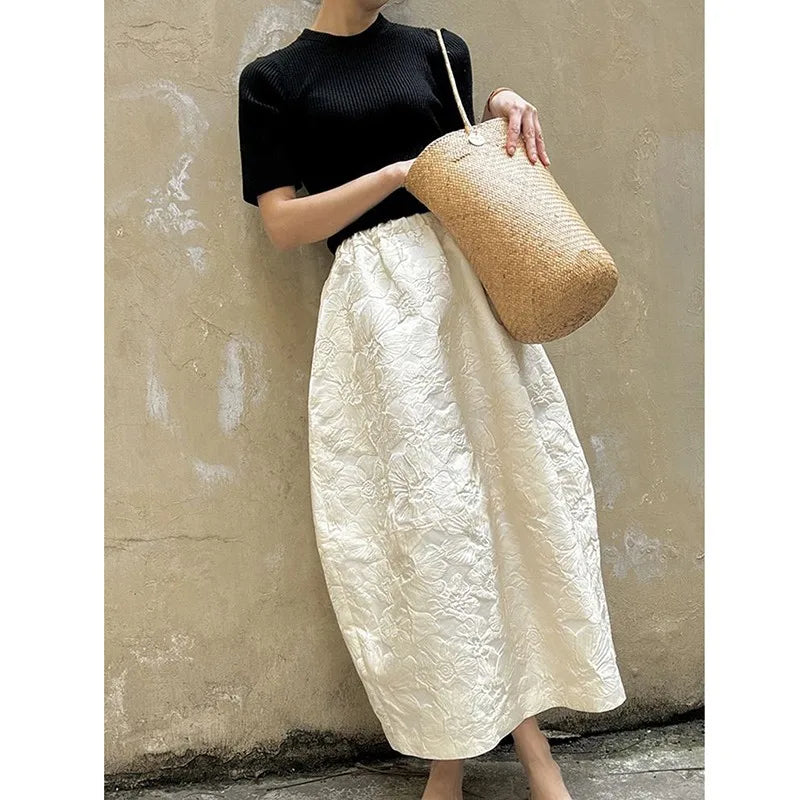 2024 New Arrival Spring/summer Arts Style Women Casual Loose Fit Elastic Waist A-line Jacquard Design Ankle-length Skirt P02.