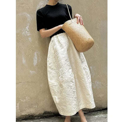 2024 New Arrival Spring/summer Arts Style Women Casual Loose Fit Elastic Waist A-line Jacquard Design Ankle-length Skirt P02.
