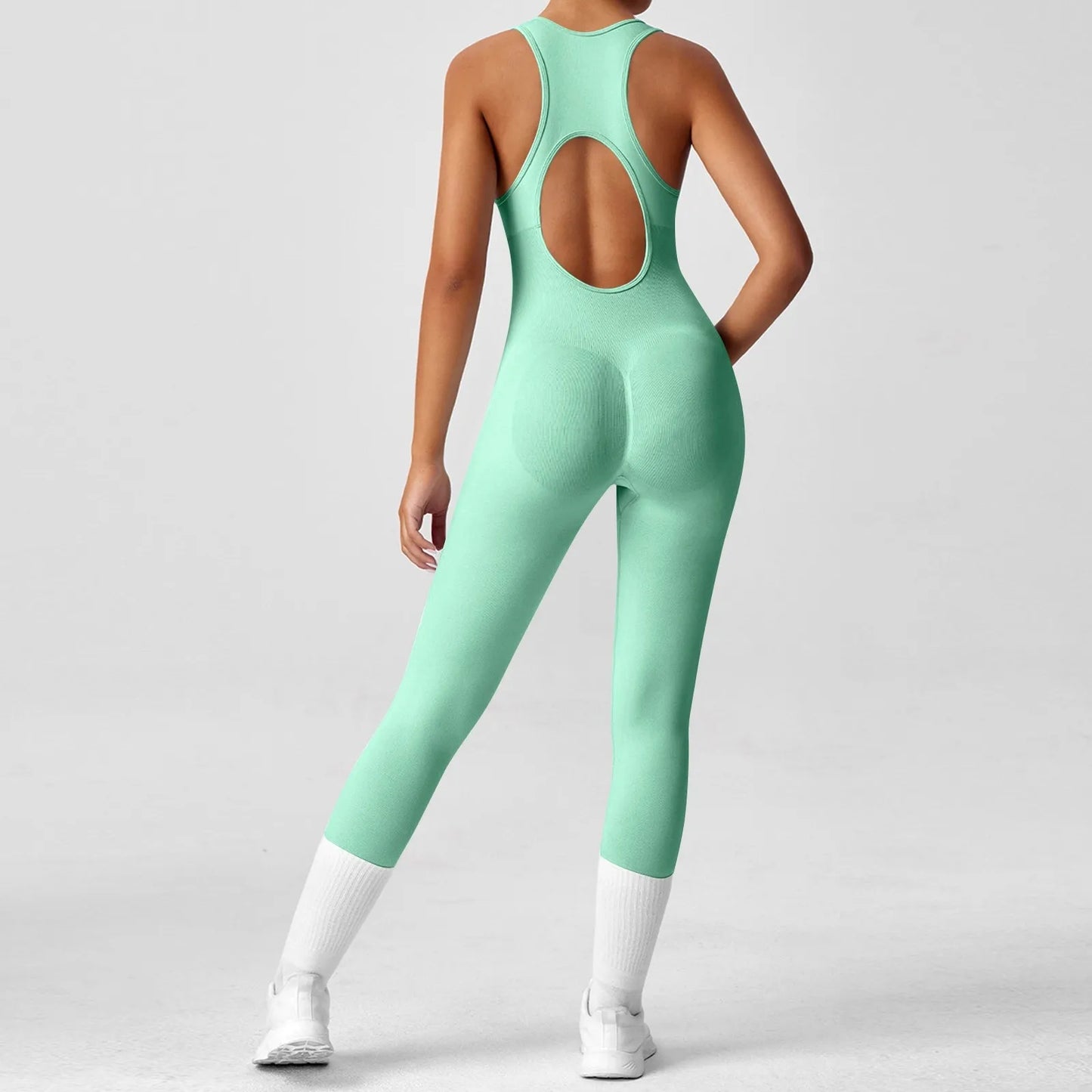 Ladies' Fashion Solid Color Round Neck Tight Yoga Jumpsuit Breathable Sleeveless Front Zipper Soft and Comfy Fitness Clothes.