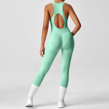 Ladies' Fashion Solid Color Round Neck Tight Yoga Jumpsuit Breathable Sleeveless Front Zipper Soft and Comfy Fitness Clothes.