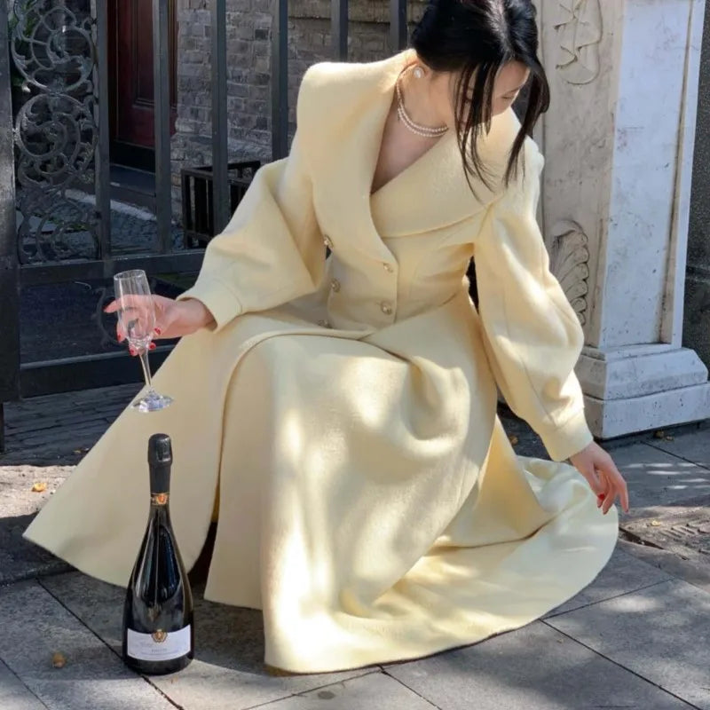 Mode frauen Lange Mäntel Winter Neue Oberbekleidung Revers Zweireiher Laterne Hülse Solide Vintage Chic Woolen Mäntel.