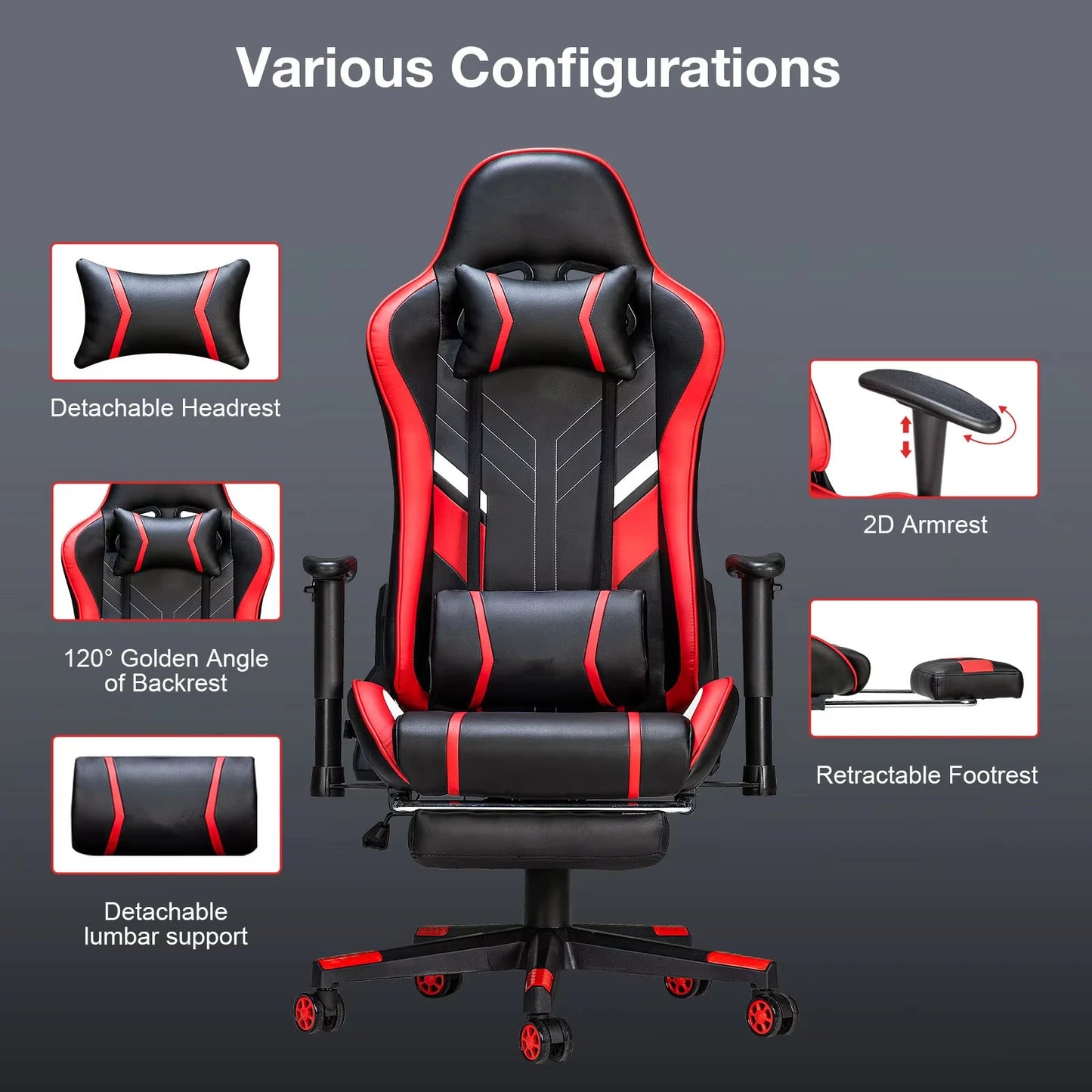 Massage-Gaming-Stuhl, 7-Punkt-Sitzhöhe, ergonomischer Bürostuhl mit Fußstütze und Lordosenstütze, GC-RC03 Stühle