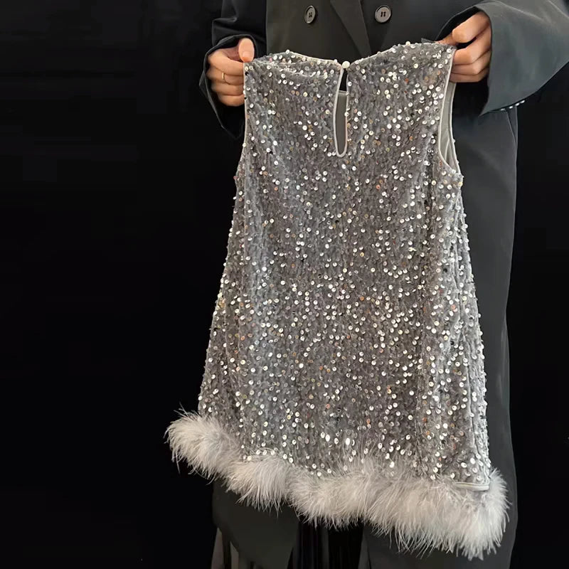 Pailletten Mädchen Prinzessin Kleid Grau Rundhals Ärmellose Feder Weste Kleid Kinder Geburtstag Party Kleid Performance Kleid.