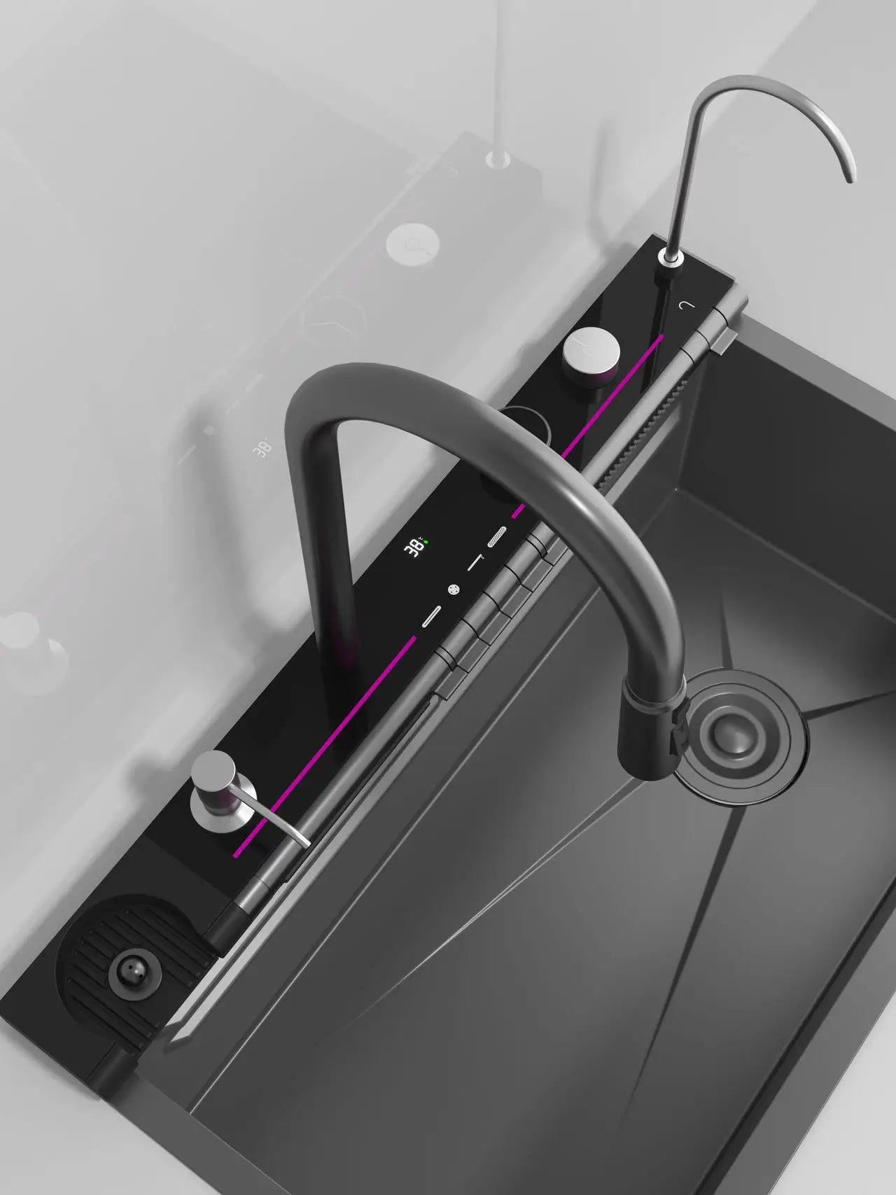 Stainless Steel Kitchen Waterfall Sink Embossed Digital Display Large Single Slot All-in-one Faucet Multi-functional Wash Bain