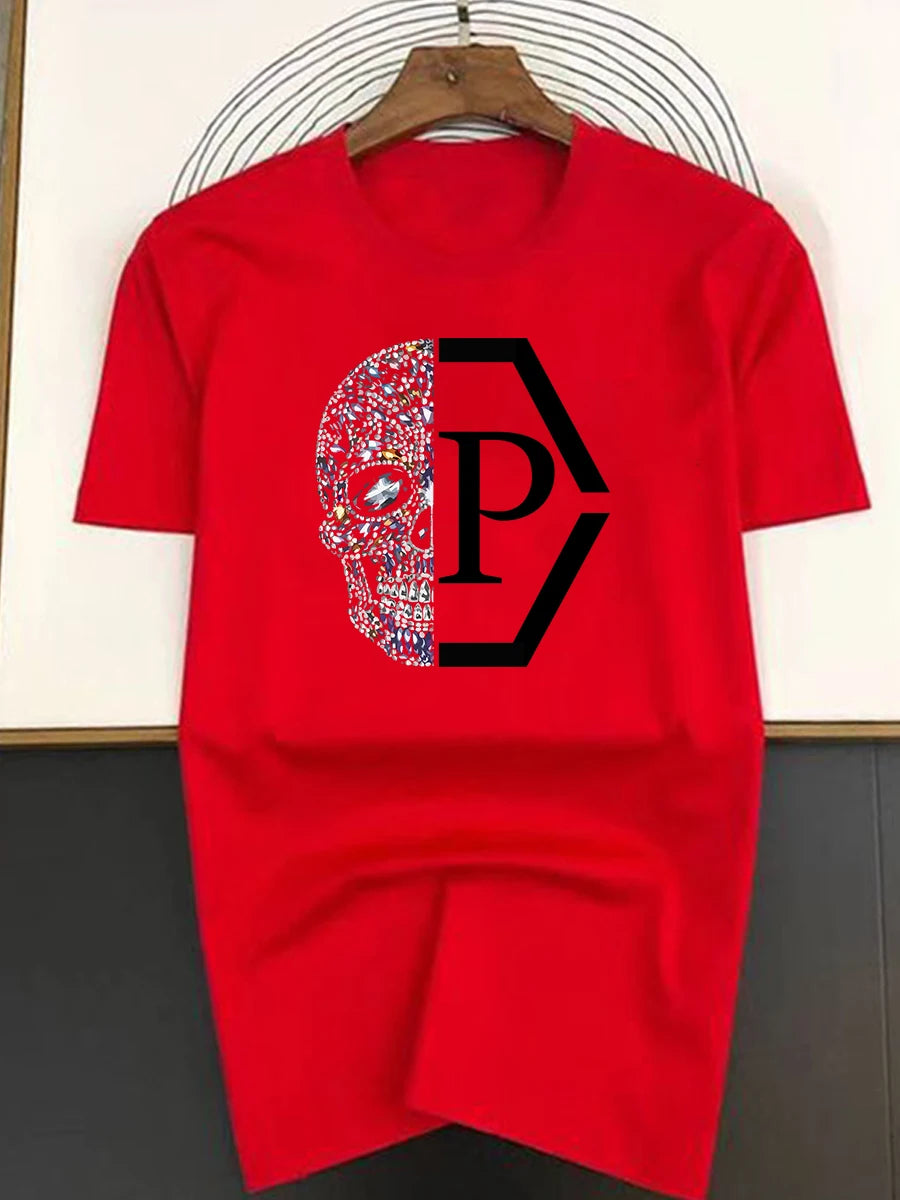 Summer Hip Hop Style Skulls Pattern T-shirt For Men Round Neck Short Sleeve Loose Tops Breathable Comfortable Oversized Clothing.