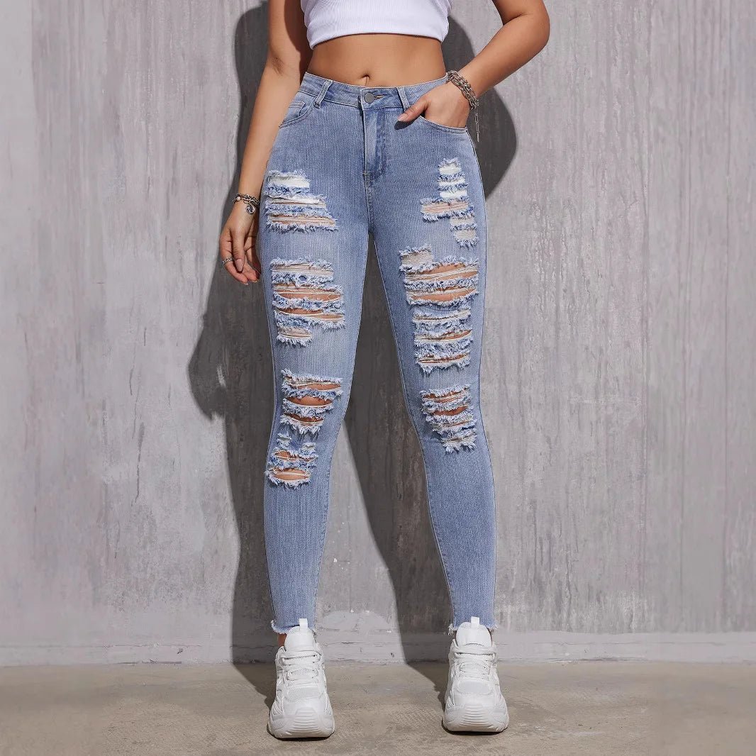 2025, Frühlings-Röhrenjeans mit hoher Taille für Damen – Stretch-zerrissene hellblaue Denim-Hose, knöchellange Slim-Fit-Freizeithose XS-XXL.
