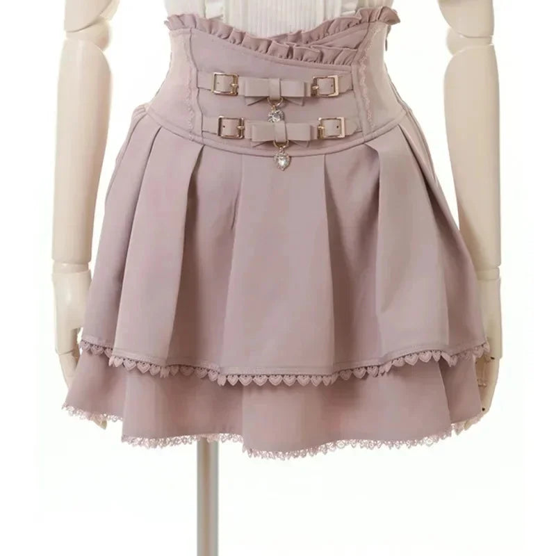 Japan Style High Waist Pleated Mini Skirts Bow Knot Design Mini Skirts Kawaii Slim Fit A-line Skirts Pink Lace Skirts For Women.