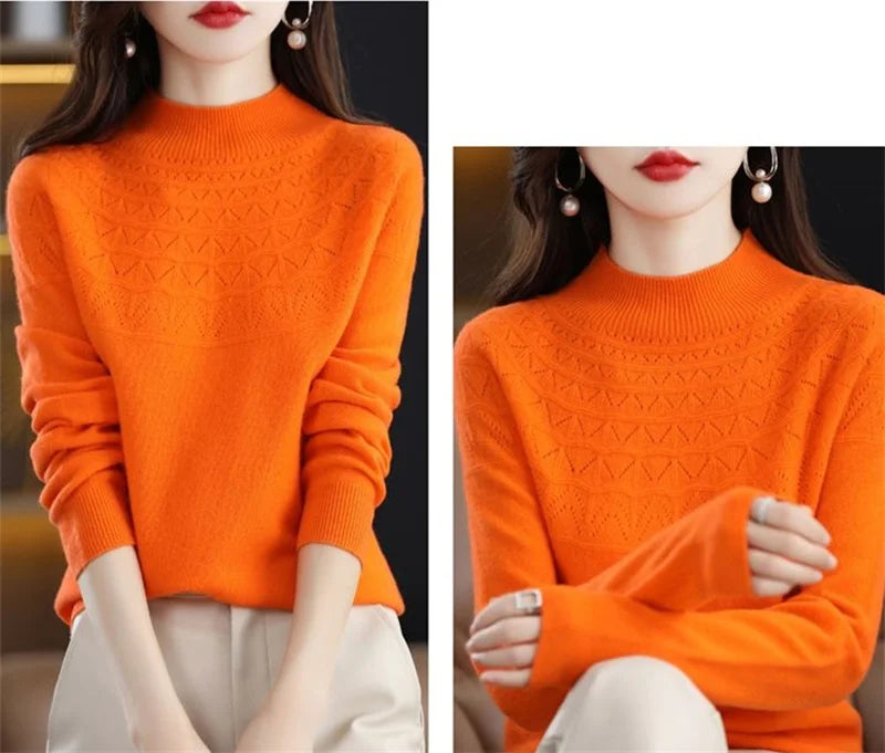 Neuer Kaschmirpullover für Damen, Herbst und Winter, 100 % reine Wolle, Hemden, Strickpullover, ausgehöhlte Strickwaren, weiche Pullover.