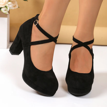 Women Shoes on Heels Women Platform Pumps Spring Summer Shallow Cross Strap Buckle Shoes Round Toe Shoes for Women High Heels.